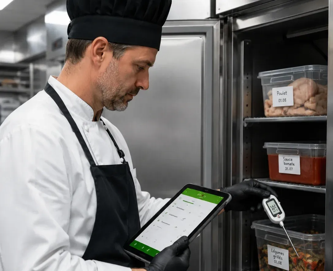 Chef relevant ses contrôles HACCP sur tablette devant une chambre froide