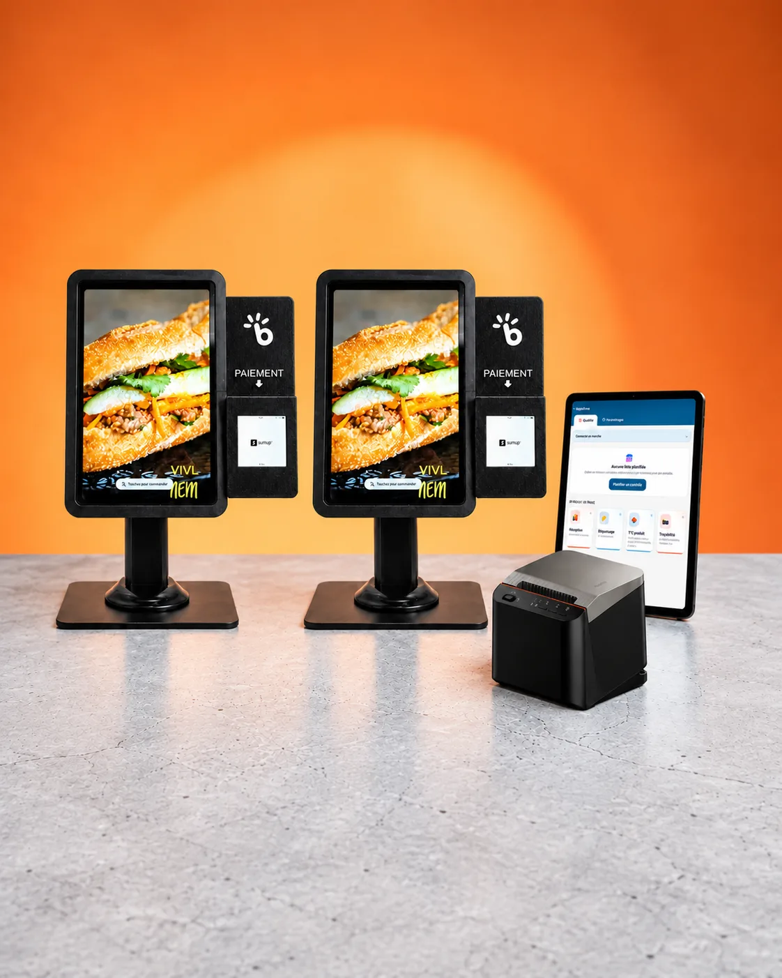 Les deux bornes de commande, la tablette HACCP et l'imprimante BorneHub